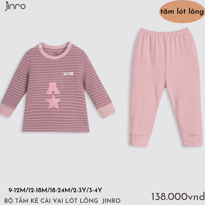 Bộ dài tay nỉ lông Jinro kẻ ngang phối túi mặc thu đông cho bé