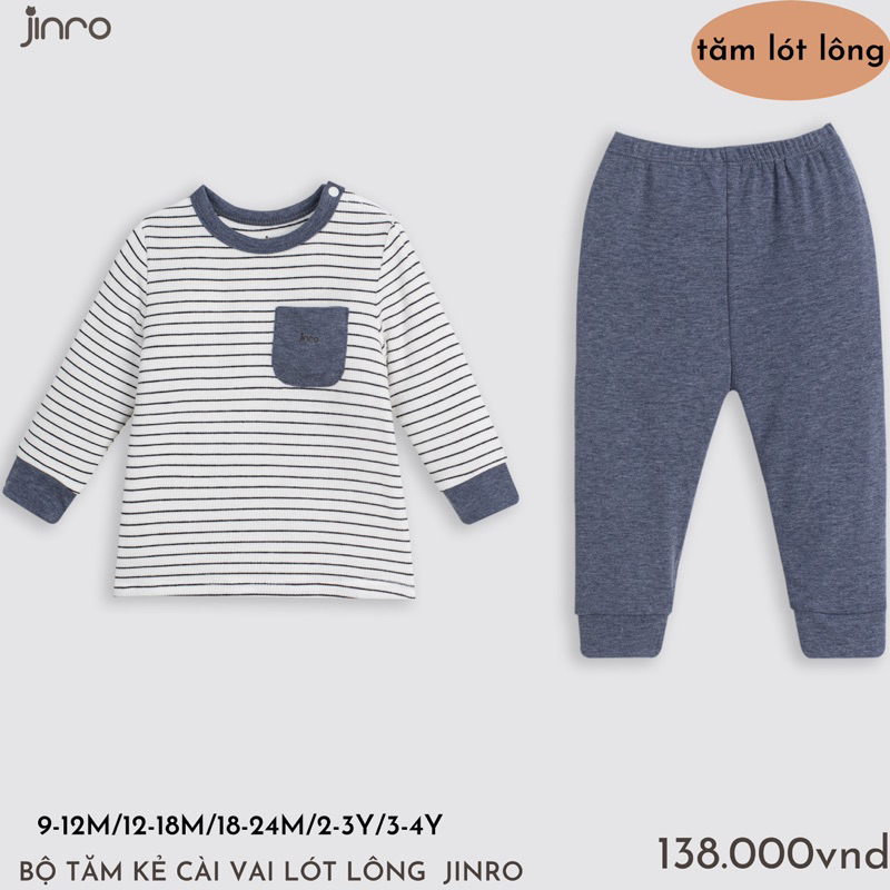 Bộ dài tay nỉ lông Jinro kẻ ngang phối túi mặc thu đông cho bé