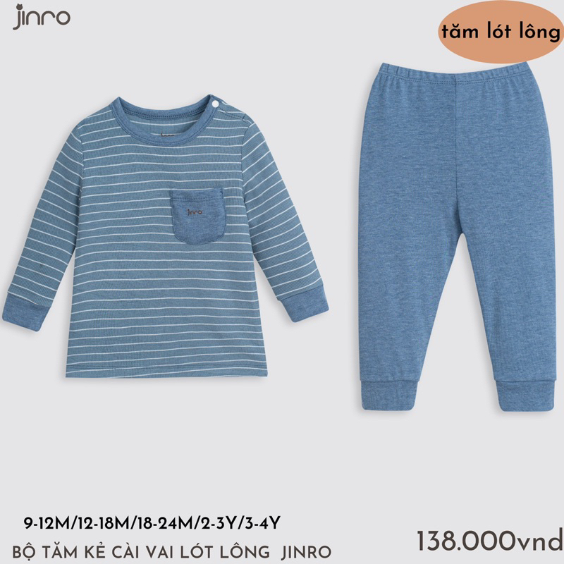 Bộ dài tay nỉ lông Jinro kẻ ngang phối túi mặc thu đông cho bé