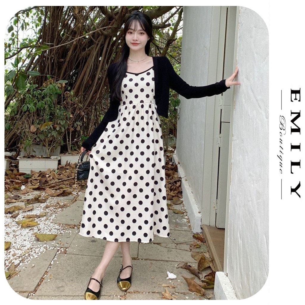 ĐẦM VÁY CHẤM BI N8409 THỜI TRANG THU ĐÔNG-ĐẦM BẦU XINH DÁNG TIỂU THƯ VÁY CHẤM BI KÈM ÁO KHOÁC LEN TĂM FREE SIZE DỄ MẶC