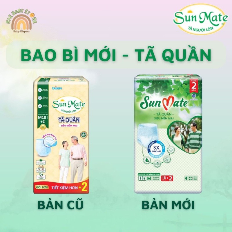 Bỉm Tã Quần/Dán Người lớn SunMate Khô Thoáng M18+2, L16+2, XL14+2