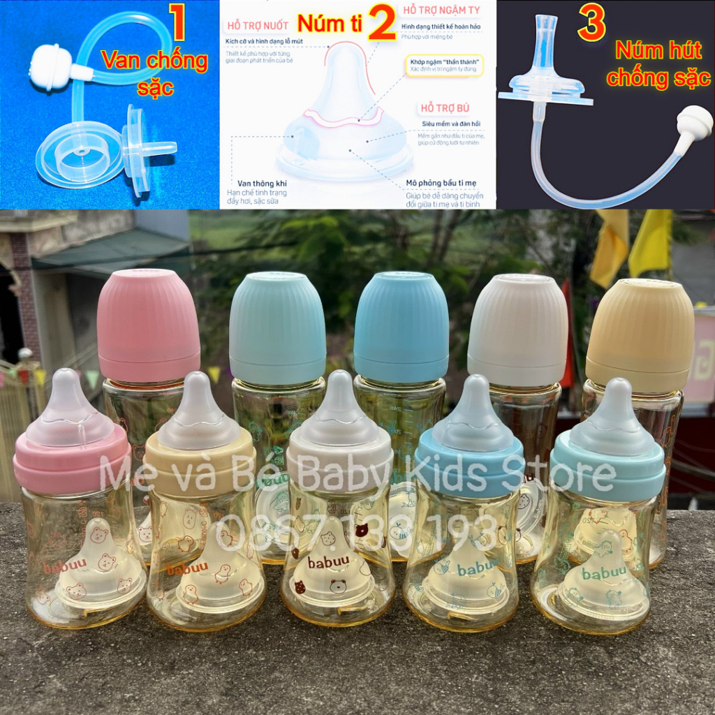 (Tặng kèm 3 núm ti) Bình sữa Babuu Cổ rộng PPSU núm ti siêu mềm thế hệ 3 dung tích 180ml, 280ml