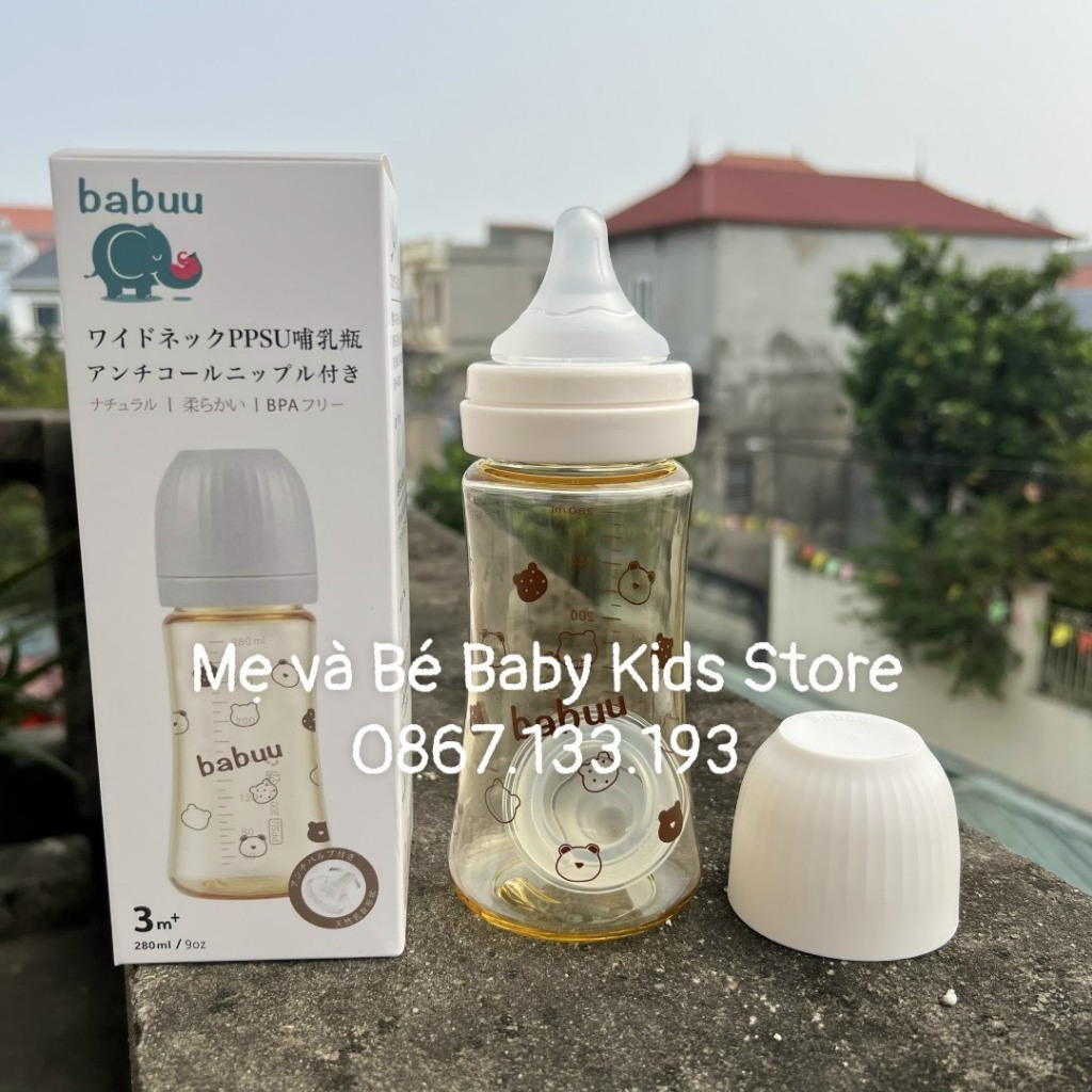 (Tặng kèm 3 núm ti) Bình sữa Babuu Cổ rộng PPSU núm ti siêu mềm thế hệ 3 dung tích 180ml, 280ml