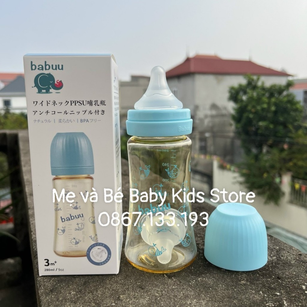 (Tặng kèm 3 núm ti) Bình sữa Babuu Cổ rộng PPSU núm ti siêu mềm thế hệ 3 dung tích 180ml, 280ml