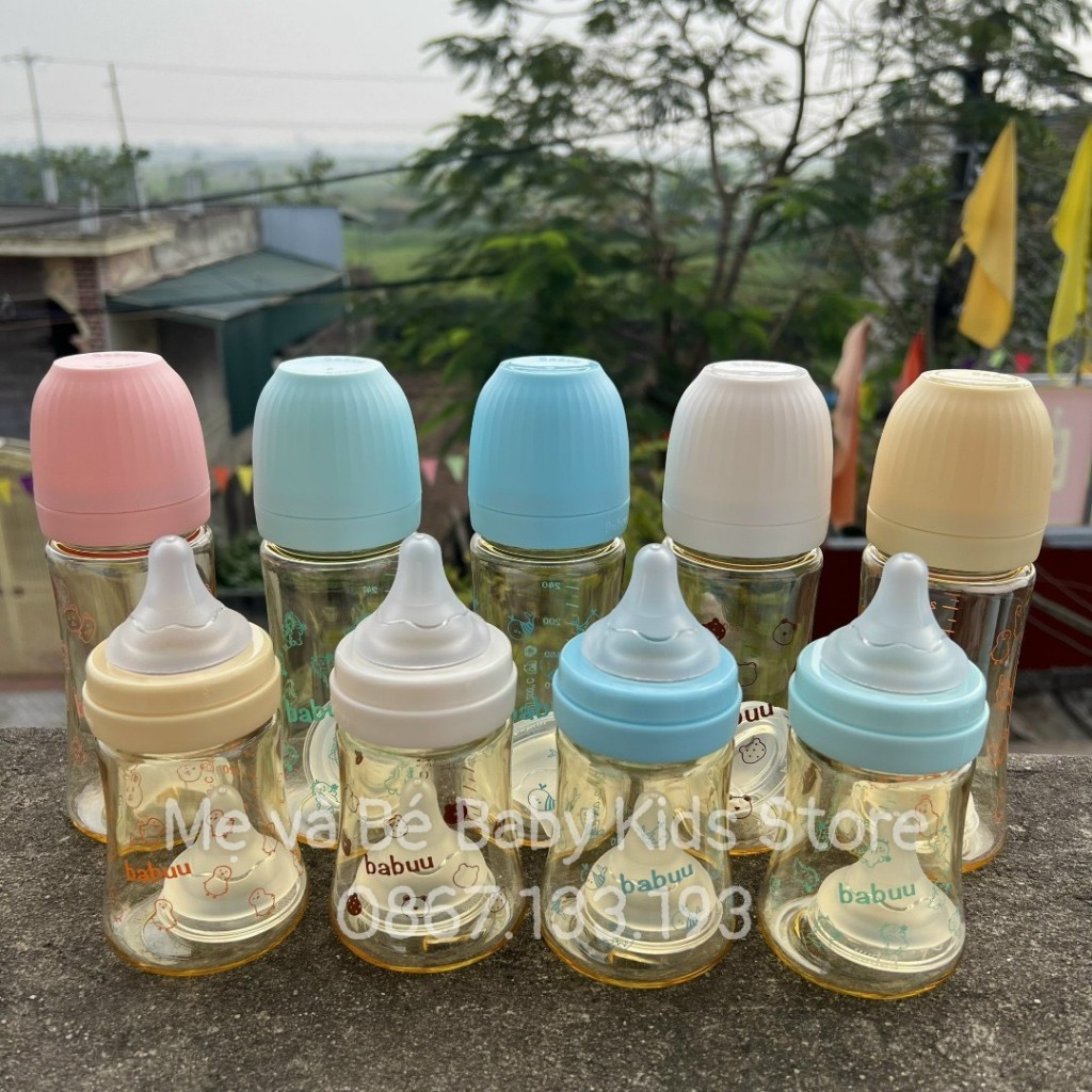 (Tặng kèm 3 núm ti) Bình sữa Babuu Cổ rộng PPSU núm ti siêu mềm thế hệ 3 dung tích 180ml, 280ml