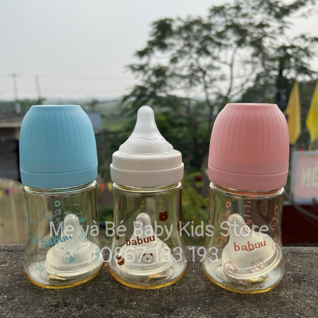 (Tặng kèm 3 núm ti) Bình sữa Babuu Cổ rộng PPSU núm ti siêu mềm thế hệ 3 dung tích 180ml, 280ml