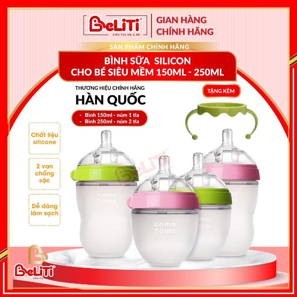 Bình Sữa Silicon Comotomo Siêu Mềm 150ml/250ml - TẶNG TAY CẦM CÁNH TIÊN