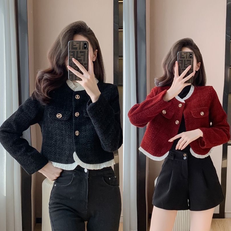 Áo Dạ Tweed Nhung Bèo Hàng 2 Lớp Có Đệm Vai 2 Màu