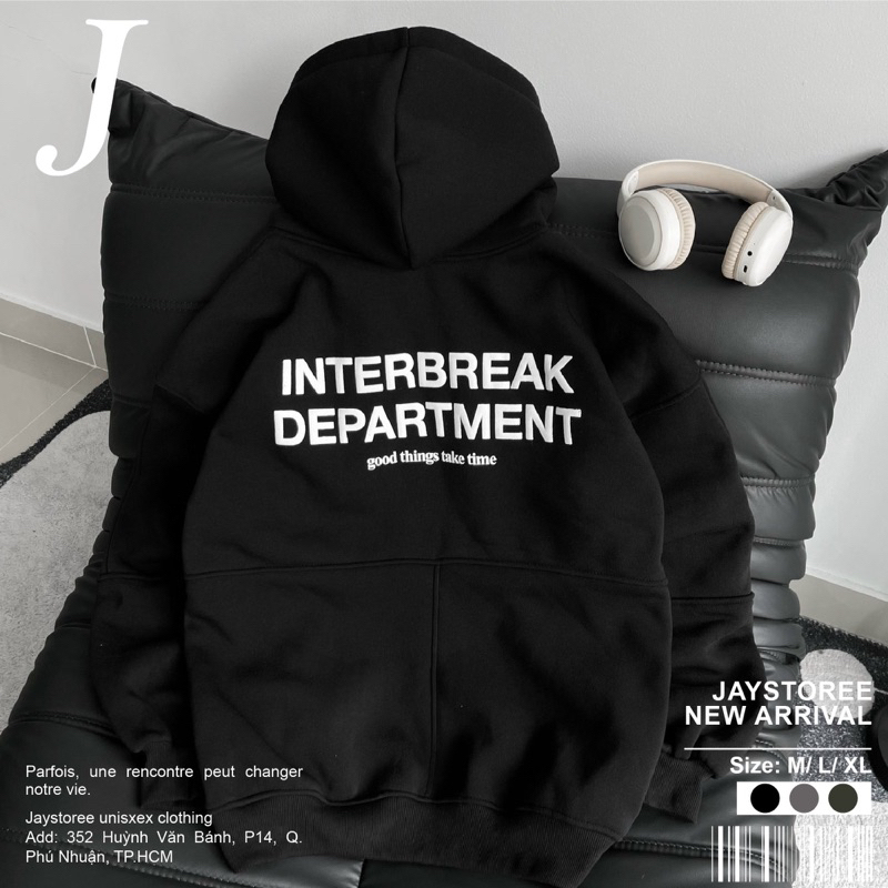 Áo Hoodie Nỉ Bông Form Rộng INTERBREAK Unisex, Áo khoác hoodie nỉ lót bông dài tay