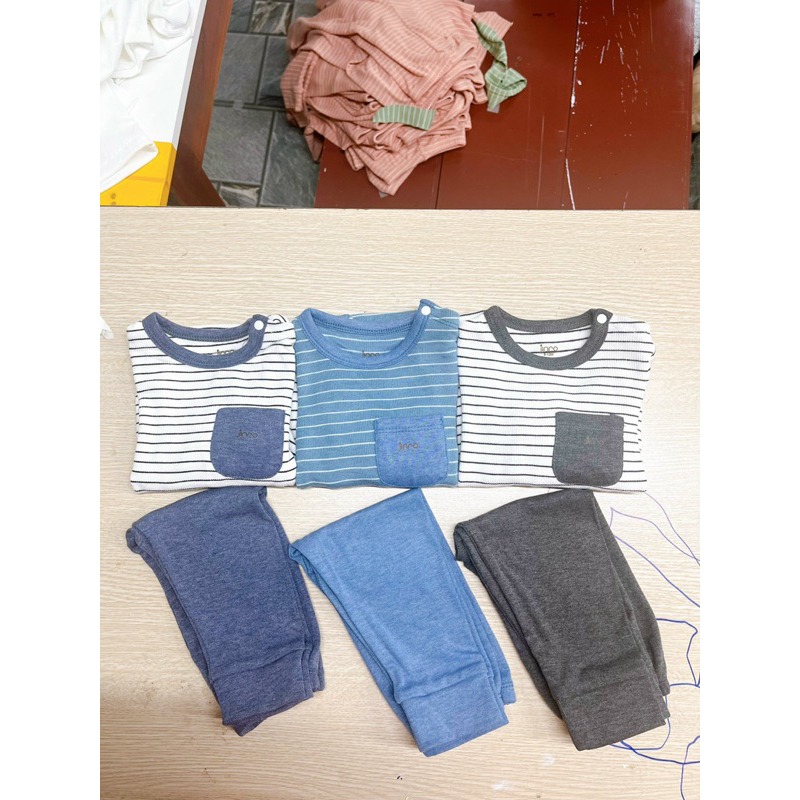 Bộ dài tay nỉ lông Jinro kẻ ngang phối túi mặc thu đông cho bé