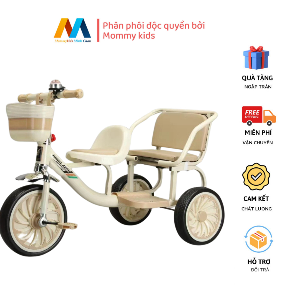 Xe xích lô, xe đạp 3 bánh 2 chỗ ngồi lót đệm cho bé từ 2-8 tuổi