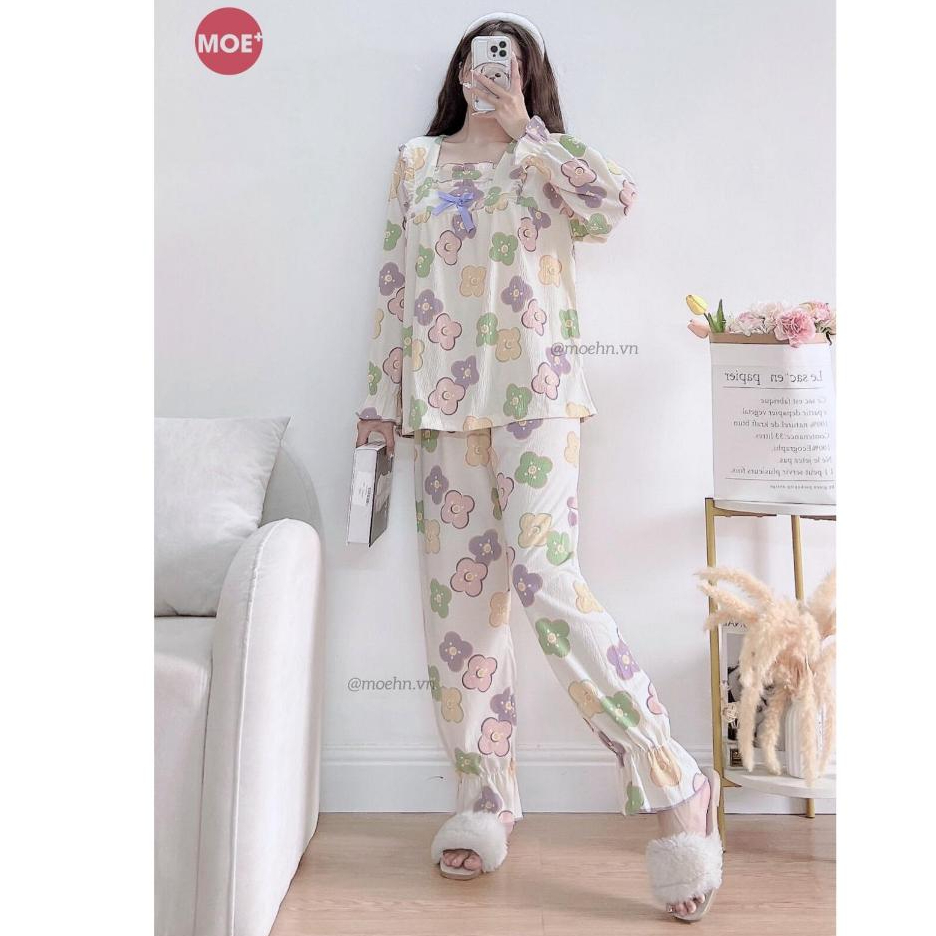 HÀNG SẴN_CÓ BIG SIZE_Bộ Ngủ Pyjama Cổ Yukata Cotton Vân Viền Sóng Thu Đông MOEN89