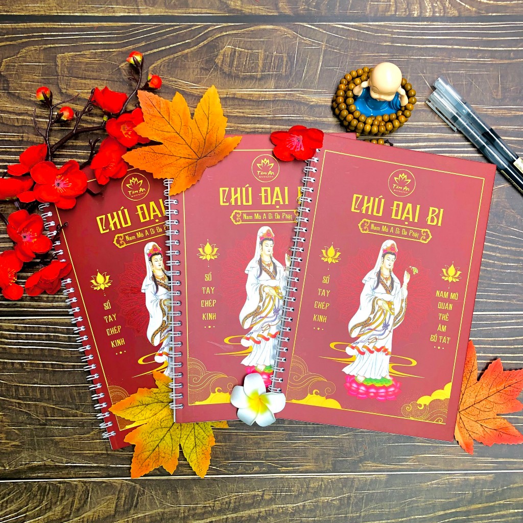 Sổ Tay Chép Chú Đại Bi - Tâm An. Tặng kèm 2 bút và vòng tràng 108 hạt cầu bình an.