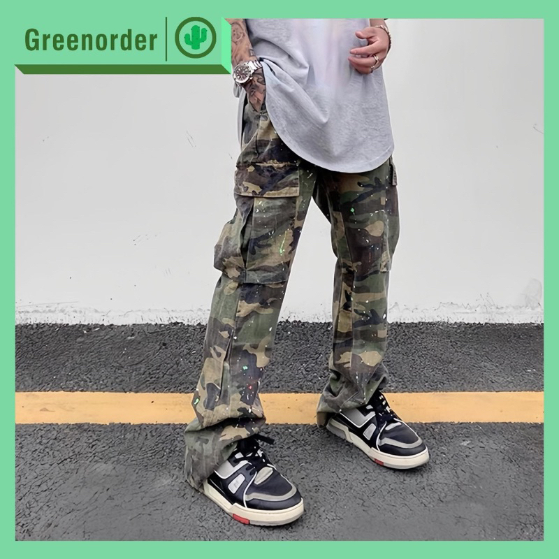 Quần camo kaki unisex hoạ tiết vảy sơn nhẹ phong cách đường phố bụi bặm