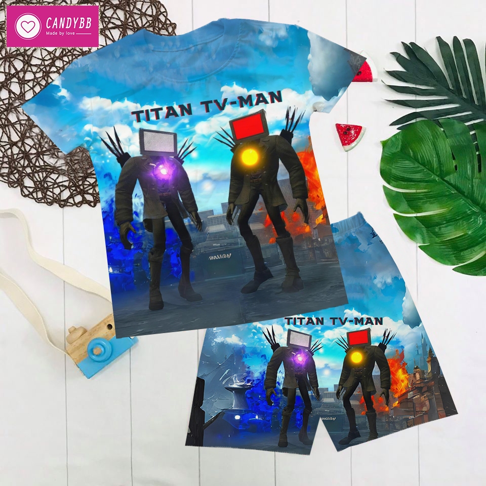 Bộ thun lạnh Cổ Tròn Titan Tivi man, Skibidi Toilet, Skibidi Man bé trai, con nít, Có size cho bé từ 10kg - 60kg