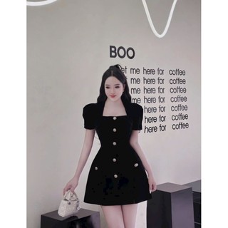 Đầm váy thời trang nữ đi chơi Tết chất liệu nhung cứng cao cấp tay ngắn cổ vuông đính nút váy chân váy ngắn xòe.