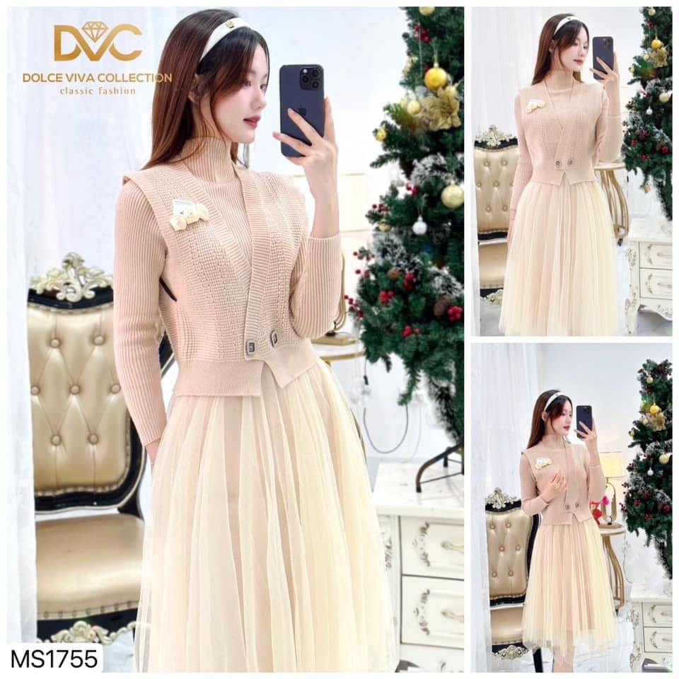 MS1755 Set váy len be kèm áo gile len  váy đầm len phối chân váy lưới xòe tiểu thư xinh xắn