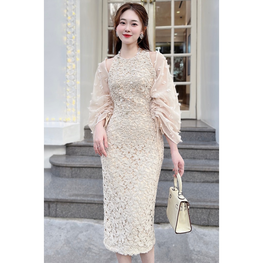 V407 Váy đầm ren phối tay voan trễ vai  váy be kem bút chì ren hoa cổ yếm body sang chảnh