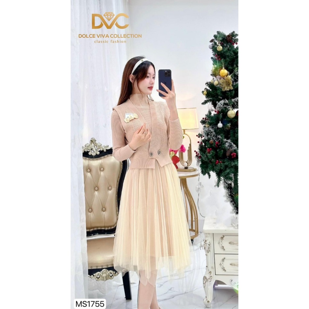 MS1755 Set váy len be kèm áo gile len  váy đầm len phối chân váy lưới xòe tiểu thư xinh xắn
