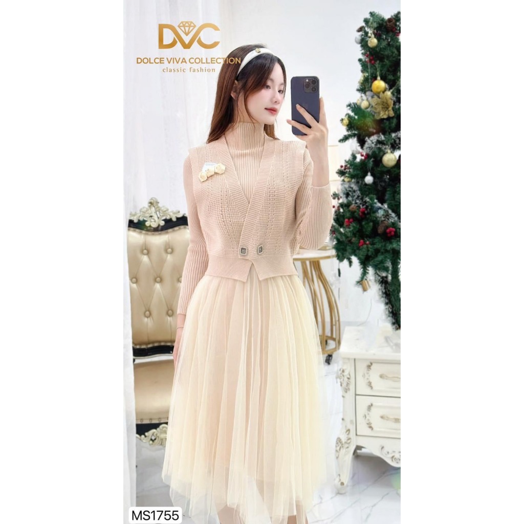 MS1755 Set váy len be kèm áo gile len  váy đầm len phối chân váy lưới xòe tiểu thư xinh xắn