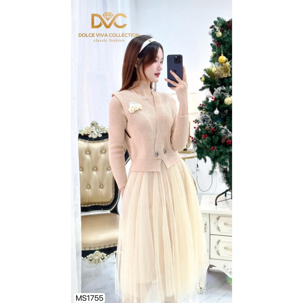 MS1755 Set váy len be kèm áo gile len  váy đầm len phối chân váy lưới xòe tiểu thư xinh xắn
