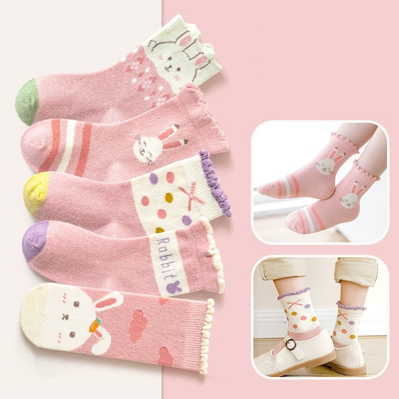 Set 5 Tất Trẻ Em Cotton Cổ Cao Viền Bèo Phối Hoạ Tiết Thỏ Hồng RaBit Cho Bé Gái te48