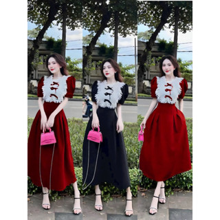 Đầm thời trang nữ mặc đi chơi Tết sang chảnh chất NHUNG cao cấp phối cổ bèo ren đính nơ đen, váy xoè maxi 2 màu đen đỏ