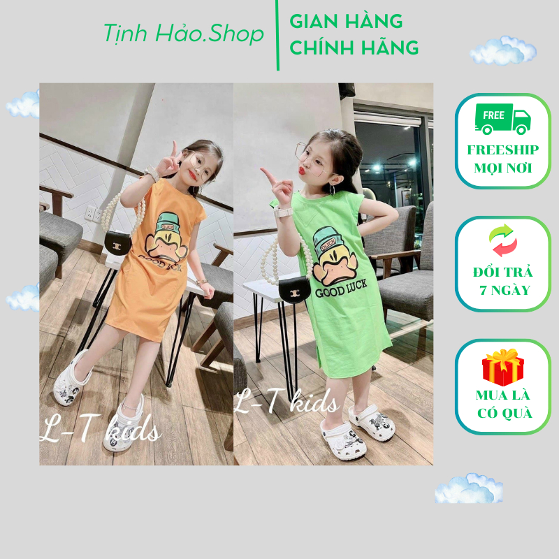Váy chữ A, dáng xuông xẻ gấu, hình in hoạt hình dễ thương cho bé gái 1- 10 tuổi