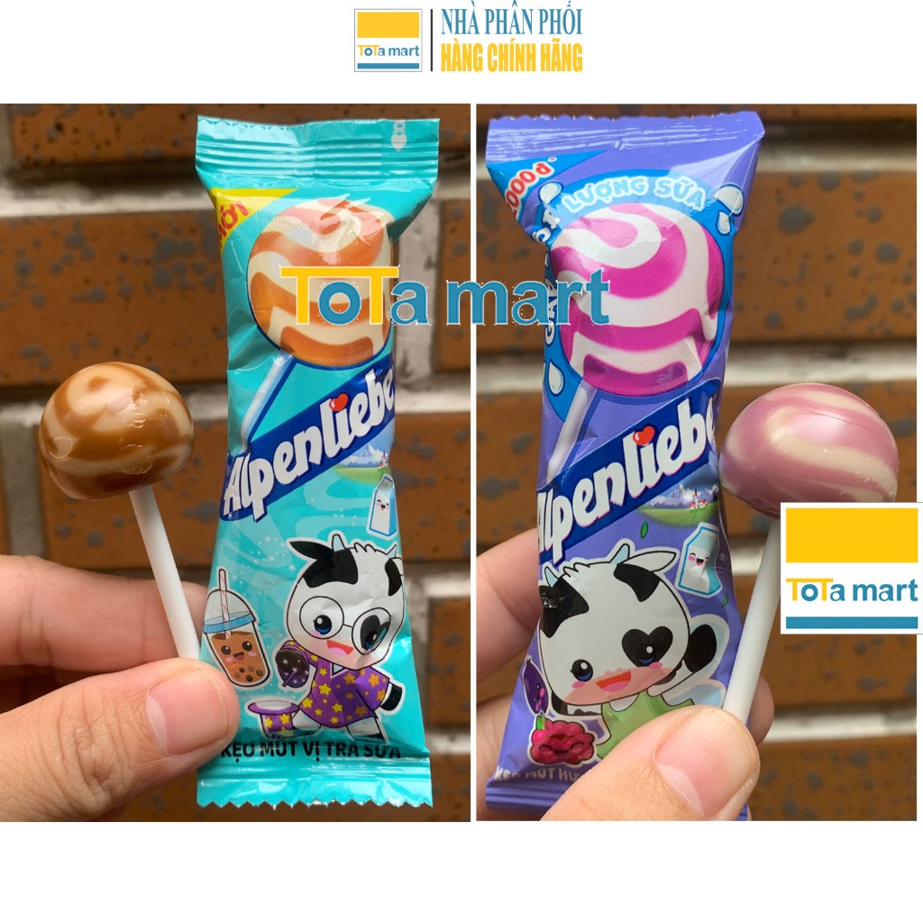 Kẹo mút Alpenliebe dâu kem, caramen sữa, kem quả mọng và trà sữa.