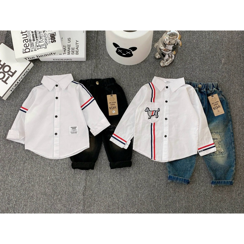 Sét bộ áo sơ mi trắng dài tay phối quần jean dài rách cho bé trai