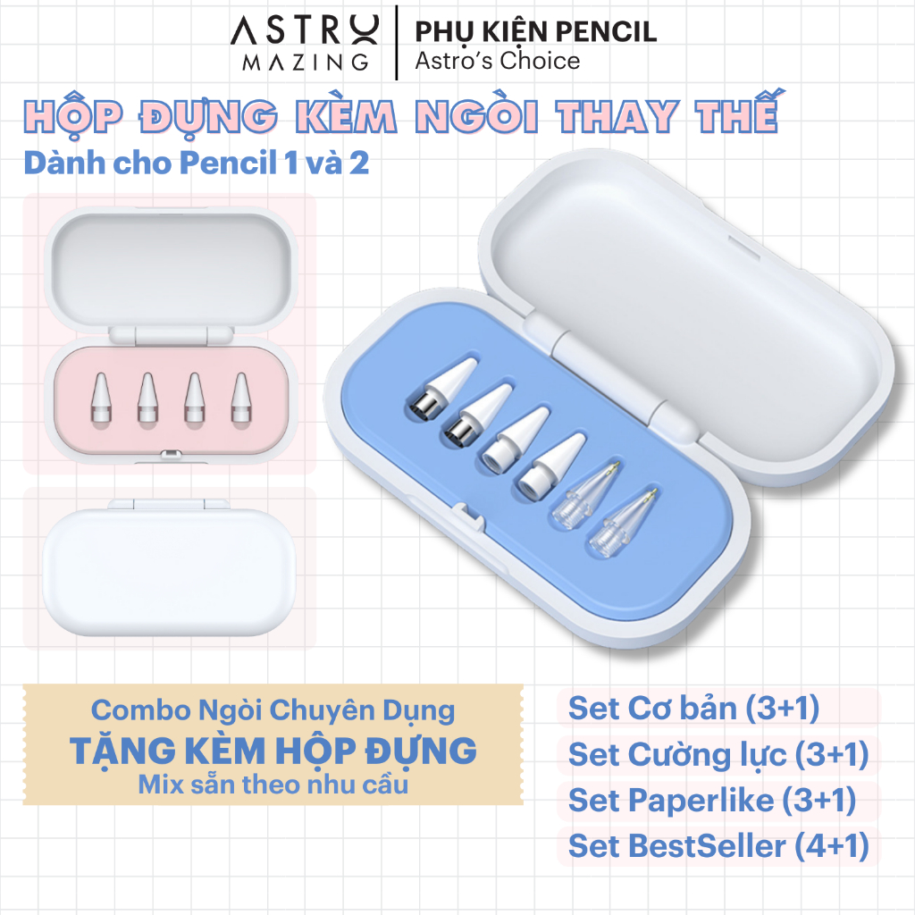 [Set hộp và ngòi] Combo hộp và ngòi thay thế Astromazing dành cho Apple Pencil 1 và 2, bút cảm ứng Pencil Pro