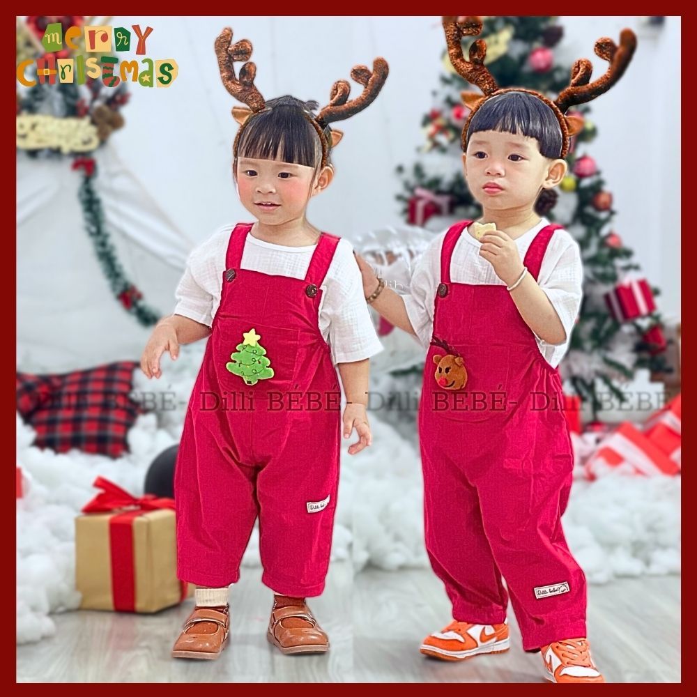 Set quần yếm Giáng Sinh áo muslin phong cách Hàn Quốc nhung gân thu đông cho bé trai bé gái - Dilli Bebe