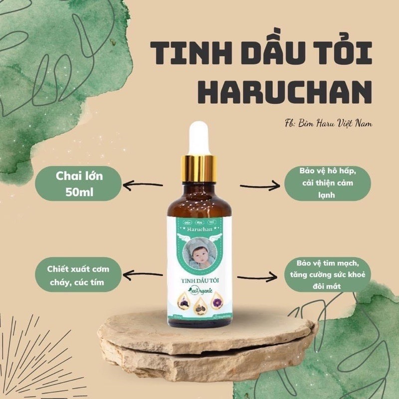 TINH DẦU TỎI Organic HARUCHAN 50ml kết hợp cơm cháy và cúc tím chống táo bón, giảm ho, sổ mũi và tăng kháng cho bé