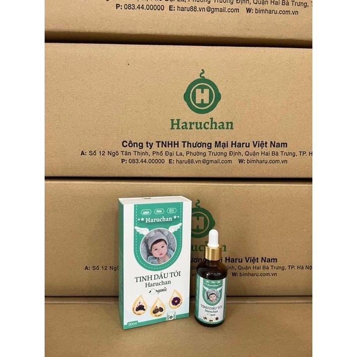 TINH DẦU TỎI Organic HARUCHAN 50ml kết hợp cơm cháy và cúc tím chống táo bón, giảm ho, sổ mũi và tăng kháng cho bé