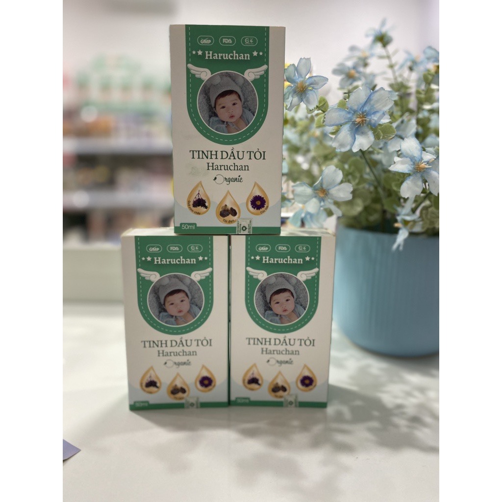 TINH DẦU TỎI Organic HARUCHAN 50ml kết hợp cơm cháy và cúc tím chống táo bón, giảm ho, sổ mũi và tăng kháng cho bé