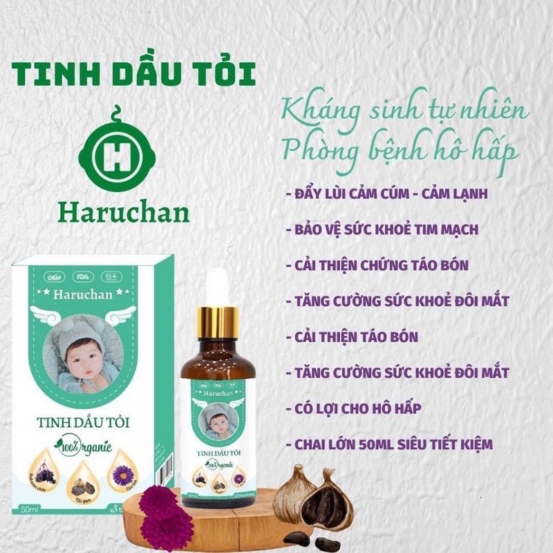 TINH DẦU TỎI Organic HARUCHAN 50ml kết hợp cơm cháy và cúc tím chống táo bón, giảm ho, sổ mũi và tăng kháng cho bé