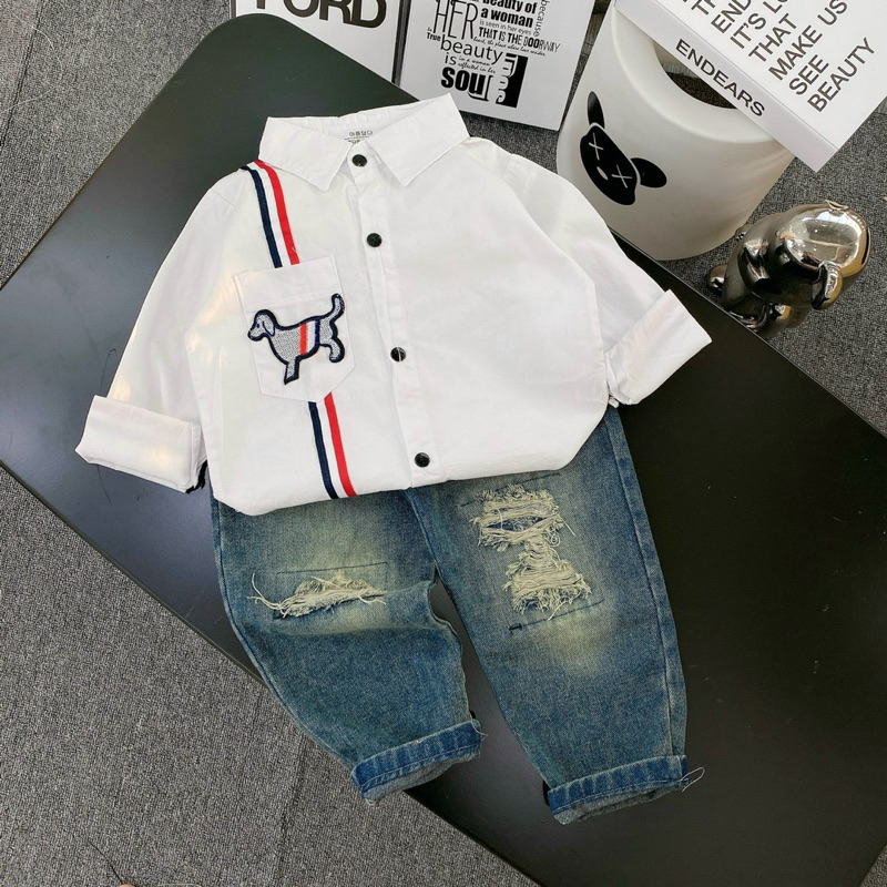 Sét bộ áo sơ mi trắng dài tay phối quần jean dài rách cho bé trai