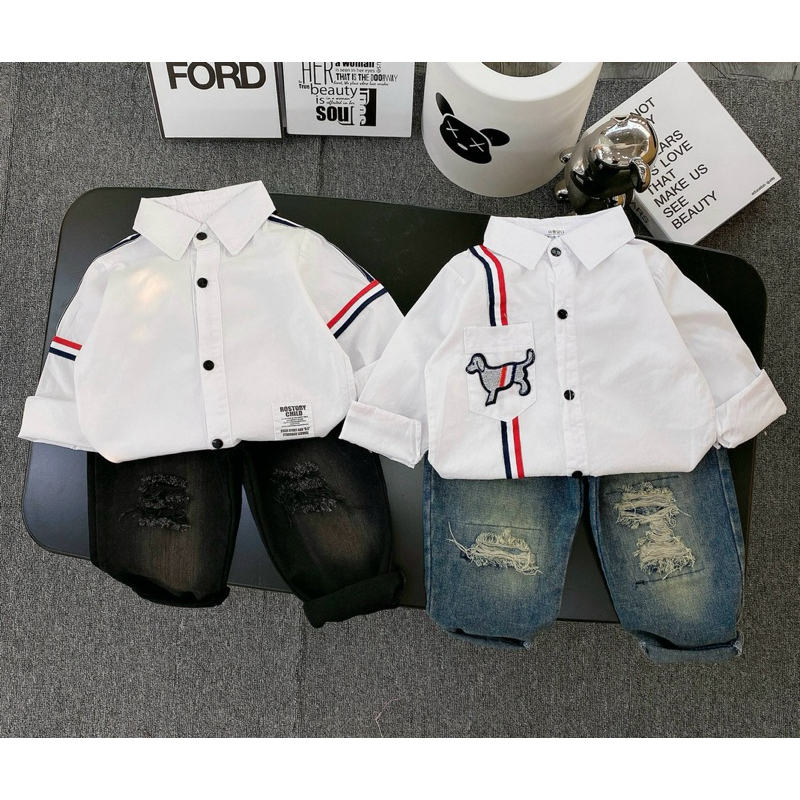 Sét bộ áo sơ mi trắng dài tay phối quần jean dài rách cho bé trai