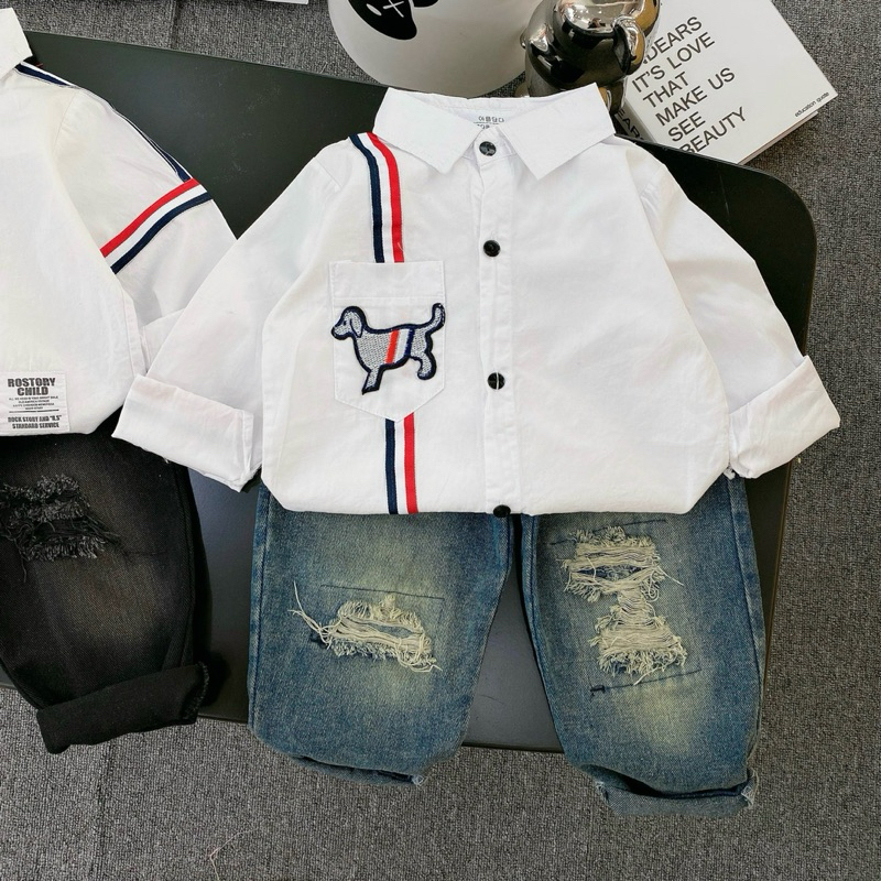Sét bộ áo sơ mi trắng dài tay phối quần jean dài rách cho bé trai