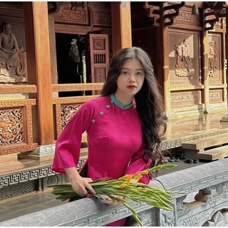 Áo dài truyền thống cổ phối tay rộng vải lụa tây thi