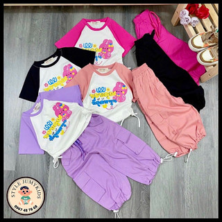 Bộ bé gái 10-28kg in họa tiết thỏ, áo cotton mềm mượt co giãn tốt, quần kaki mềm túi hộp thắt dây cách điệu