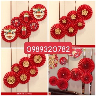 Sét 6 quạt giấy đỏ trang trí tết