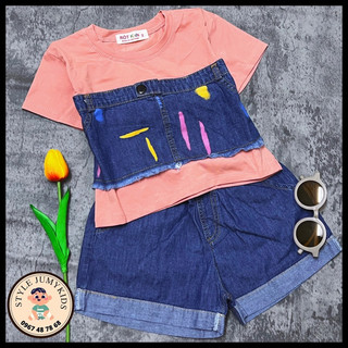 Set bé gái 10-40kg giả váy, Áo mix Jean chất cotton 4c xịn, quần short Jean mềm lưng thun co giãn rất thoải mái.