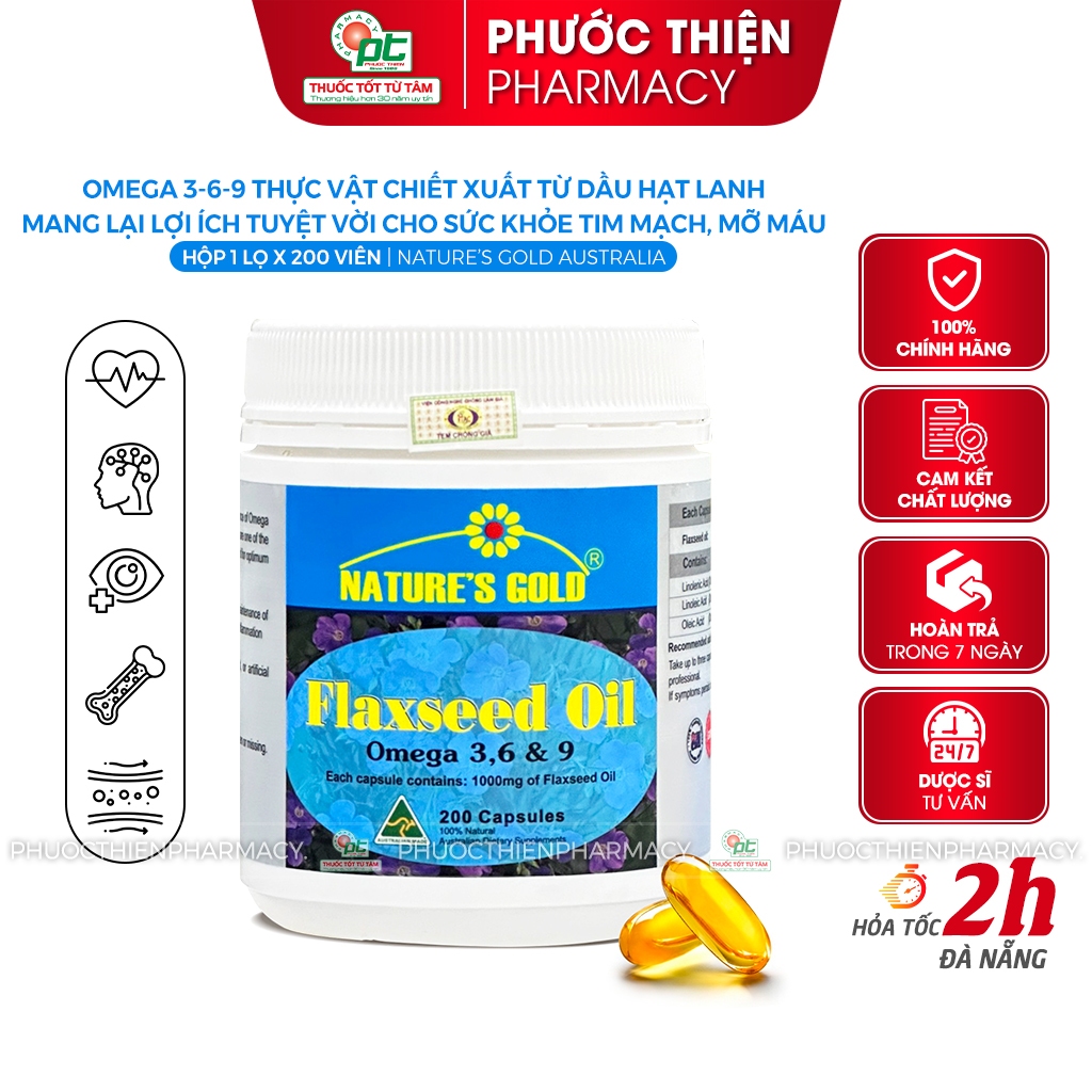 Omega 369 Úc thực vật từ dầu hạt lanh Flaxseed Oil Nature's Gold lọ 200 viên