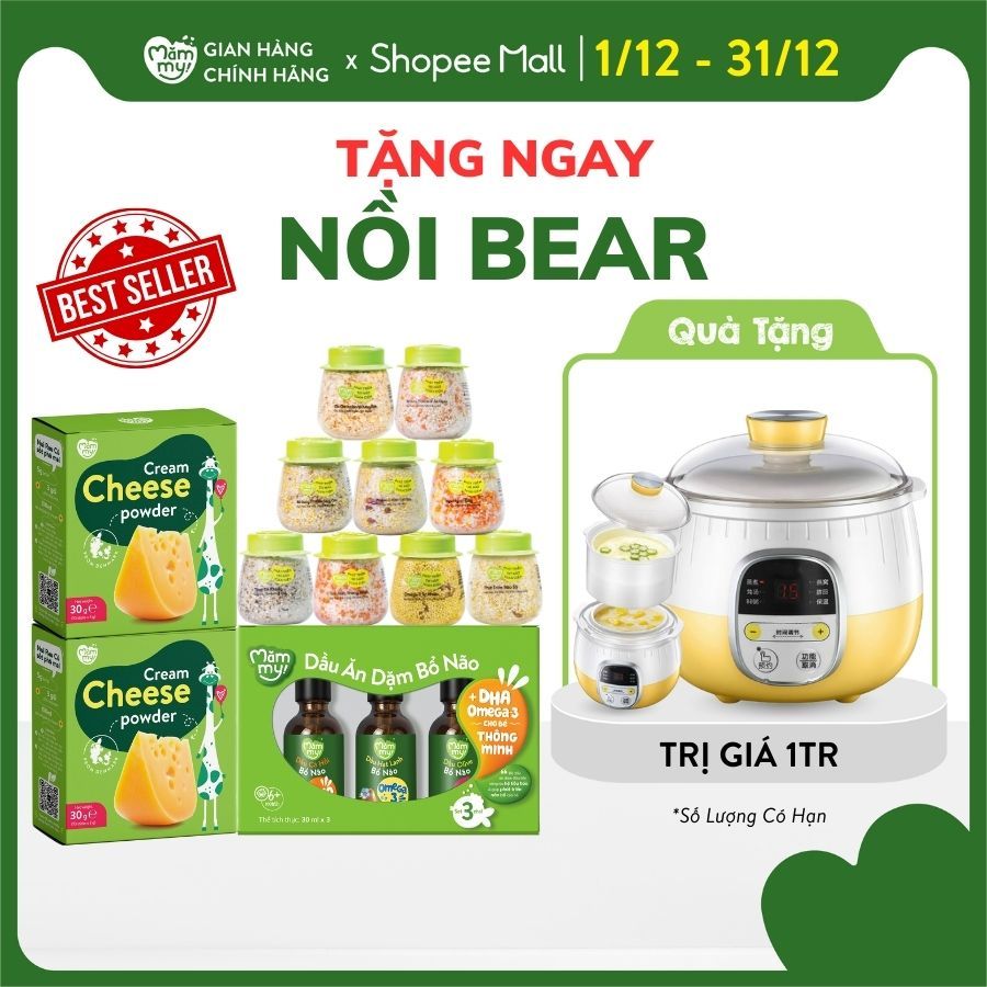 Combo chóng lớn Mămmy bao gồm set 9 hạt mix, 2 hộp phô mai và set 3 dầu 30ml dành cho bé 6 tháng tuổi