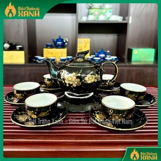 Bộ ấm chén bát tràng cao cấp - ấm chén pha trà - bộ bình trà mai vàng men đen bóng