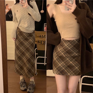 Chân Váy Dạ Kẻ Sọc Caro Ulzzang Hàn Quốc tone màu kẻ nâu vintage - Chân váy len dạ dáng A ngắn/dài mới