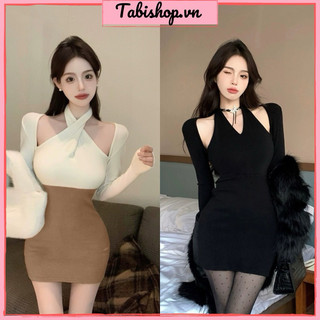 Váy body cổ yếm xoắn ngực giả set TABISHOP Đầm body hở vai sexy kiểu dáng lạ sang chảnh mặc đi dự tiệc đi chơi