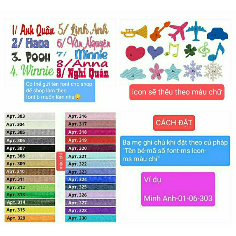 Yếm bé trai bé gái thêu tên theo yêu cầu, inbox chọn icon hình hoặc theo hình của khách.