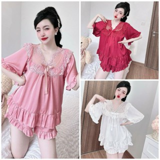 Đồ Ngủ Pyjama Nữ Bộ Đồ Tiểu Thư Cổ Viền Ren Nơ Xinh Xắn - Đồ Ngủ Sexy Babydoll Bigsize - Lụa Latin phối Ren Cao Cấp